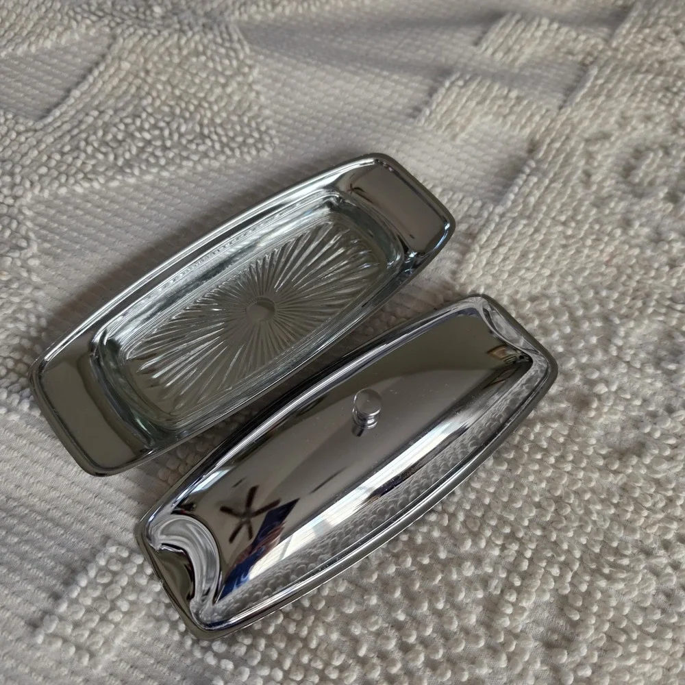 Vintage Rectangular Butter Stainless-Steel Dish with Glass Insert Chrome Metal